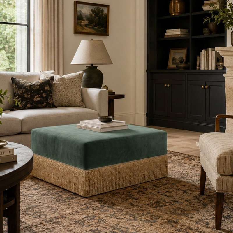 Orion Ottoman by River and Bord, Velvet Cane Silver Sage
