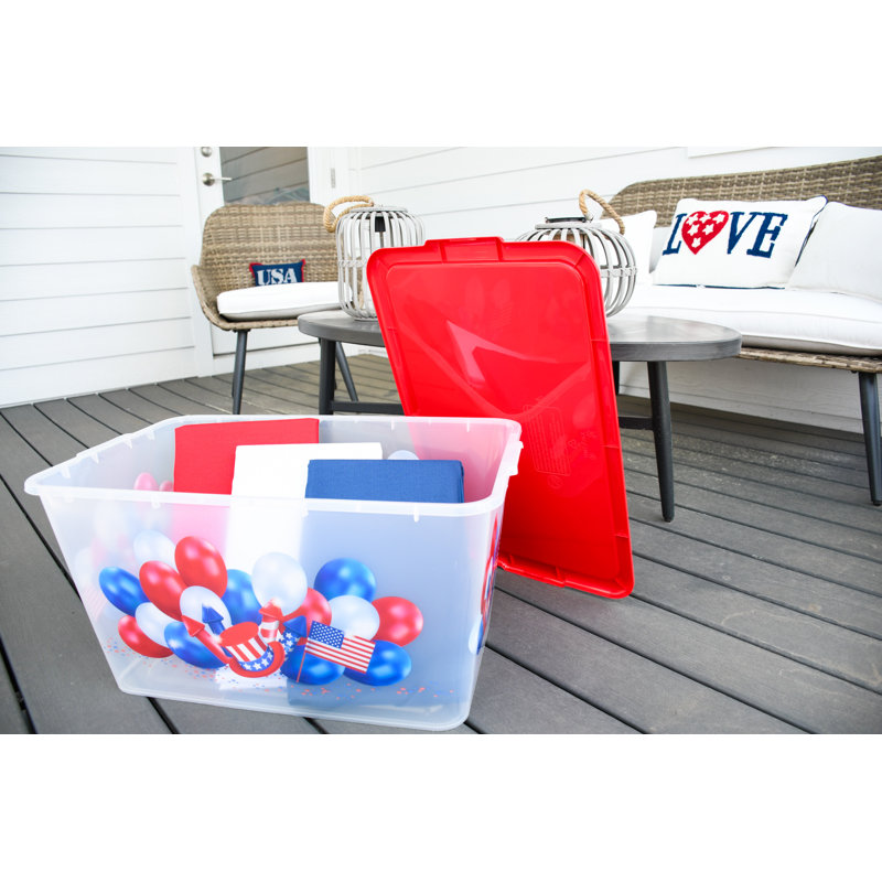SimplyKleen 14.5-Gallon Recycling Totes, 4-Pack | Heavy-Duty & Leak-Proof | Red, White & Blue Patriotic Design for 4th of July, Trash & Recycling Bin