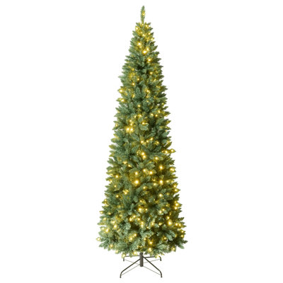 9FT Pre-Lit Pencil Christmas Tree, 1532 Tips Artificial Slim Xmas Tree with 520 LED Lights, Warm White & Multicolor Glow, Metal Stand for Home, Apartment, Office Holiday Decor