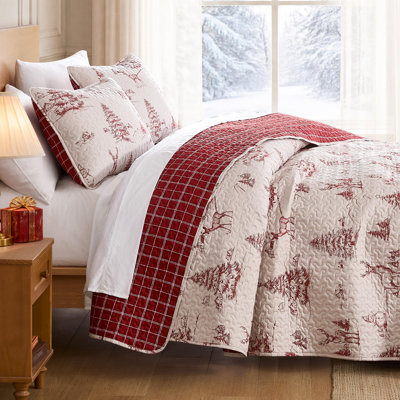 Ensemble de courtepointe réversible de Noël Winterwood de Southshore Fine Linens, en microfibre doublement brossée à motif toile de Noël avec revers à carreaux rouges, 1 courtepointe et 2 taies d'oreiller, grand lit/très grand lit