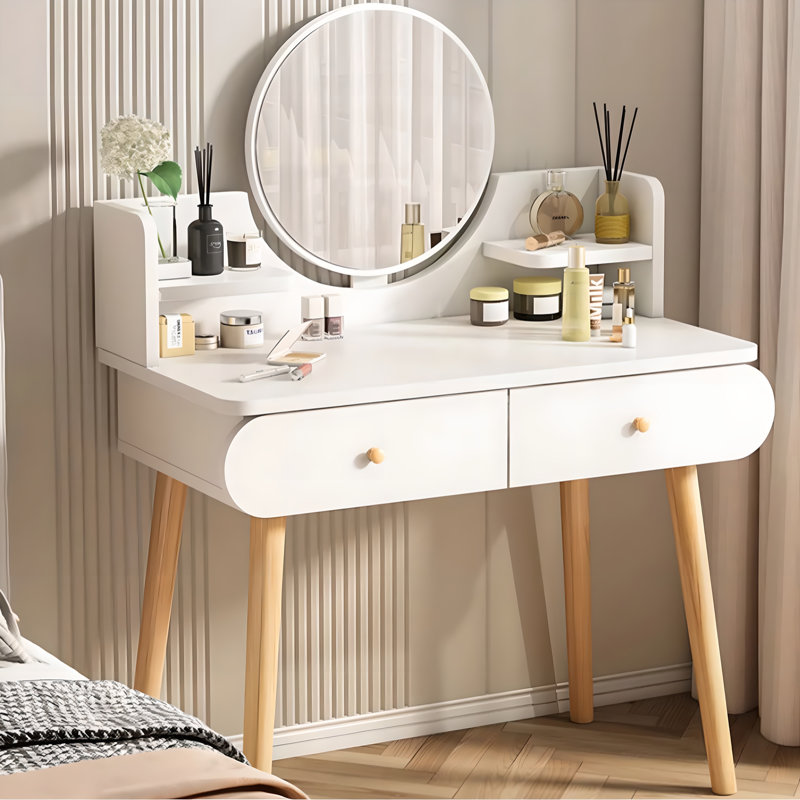 Vanity Table Set with Mirror, Modern Makeup Vanity Dressing Desk with 2 Drawers & 2 Shelves ,White (Without Stool)