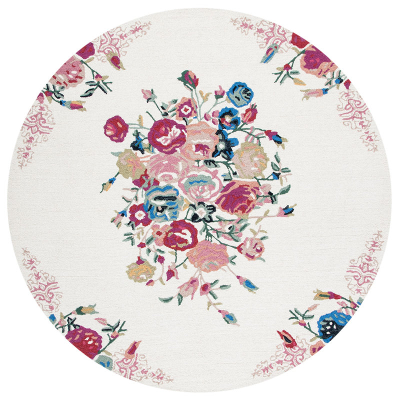 Delmarie Hand Tufted Wool/Cotton Floral Rug in Pink/Red/Ivory, Round 7'