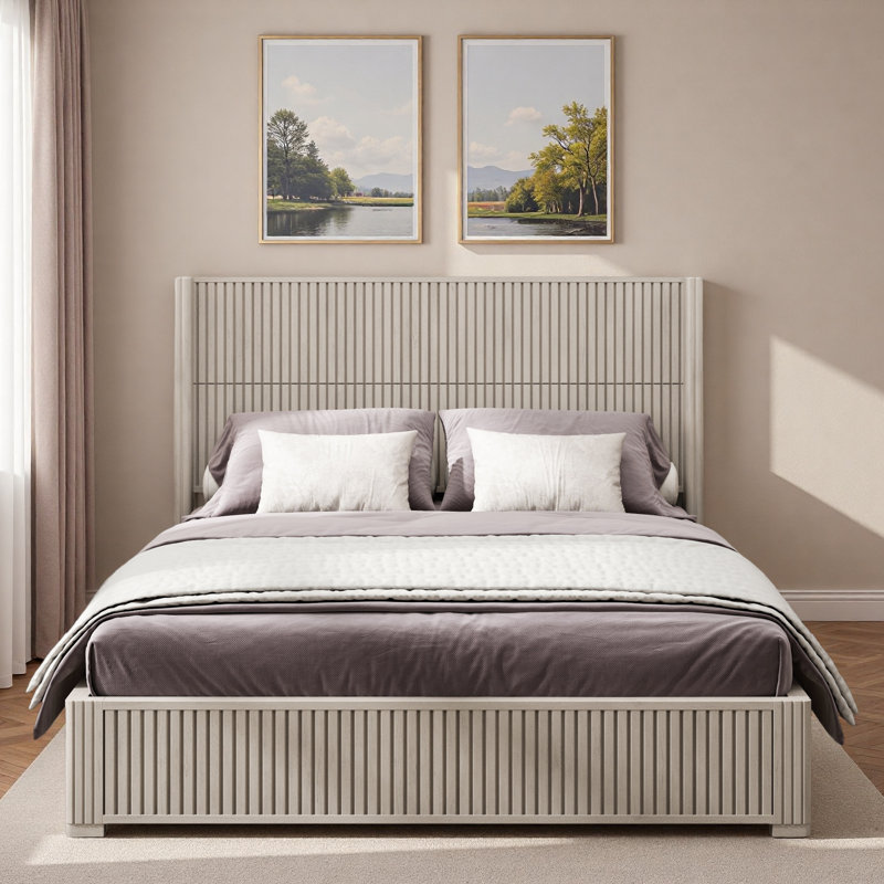Lit plateforme en bois avec décoration grain de bois vertical, Beige, Grand lit