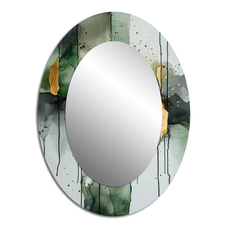 Gold Green Ethereal Optical Currents III - Gold Modern Oval Wall Mirror, 40" x 30"