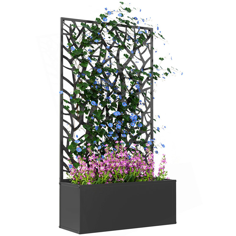 Outsunny Metal Raised Garden Bed With Trellis/ Freestanding Or Wall Mounted Raised Flower Bed With Privacy Panel For Garden/ Patio/ Balcony