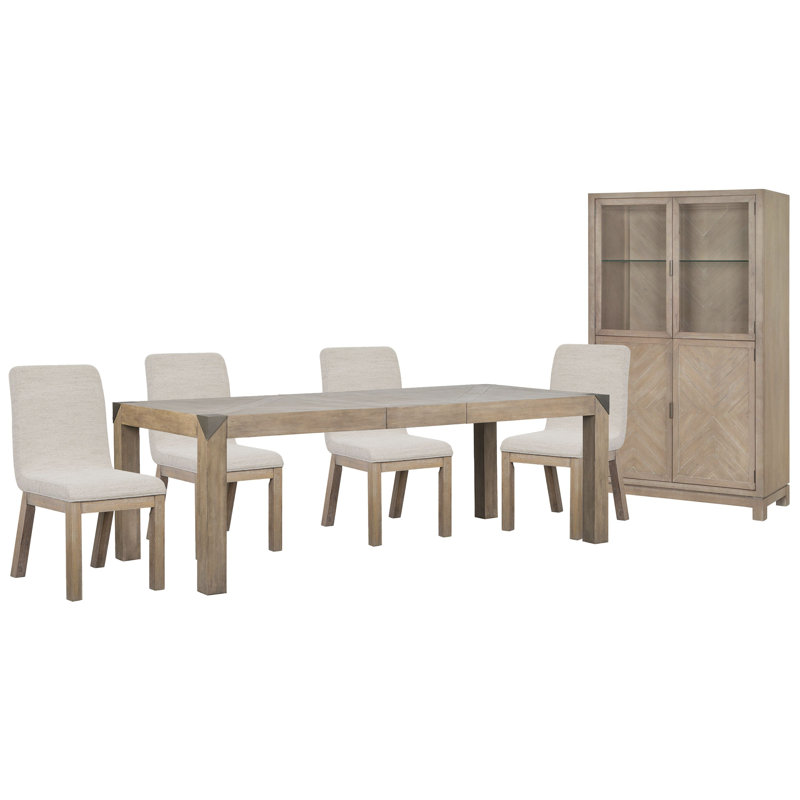 Lund Extendable Rectangular Dining Table With 4 Host Chairs And Display Cabinet, 6 Pcs: Table, 4 Chairs, Cabinet