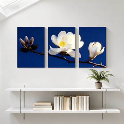 Magnolia blanc sur fond bleu, ensemble de 3 impressions d'art sur toile