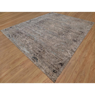 Tapis oriental brun surdimensionné de 12 pi 2 po x 15 pi 3 po à motif de fleurs transitionnelles, noué à la main, en soie avec laine texturée, très grand