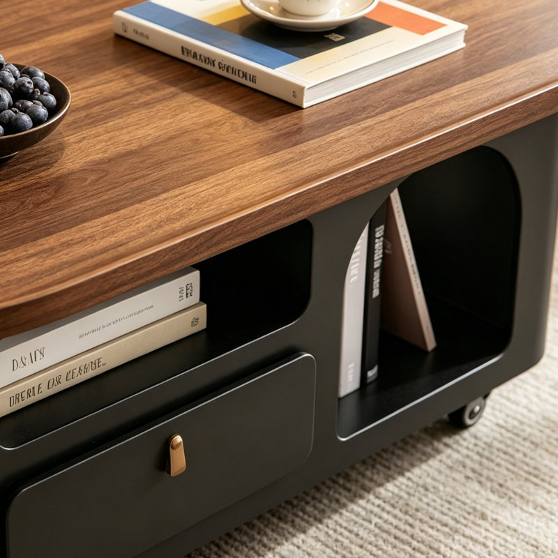 Simple Movable Wood Coffee Table Storage Drawers, 16.53" H x 39.37" L x 21.65" W, Nut-brown/Black