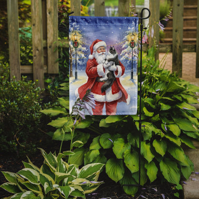 Chat noir et blanc MaineCoon avec le drapeau du jardin du père Noël