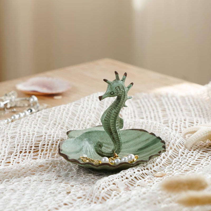 Jewelry Holder Seahorse With Shell Dish Decorative Hanging Jewelry Stand Display Vintage Ring Tray Earring Necklace Metal Organizer, Aqua Blue
