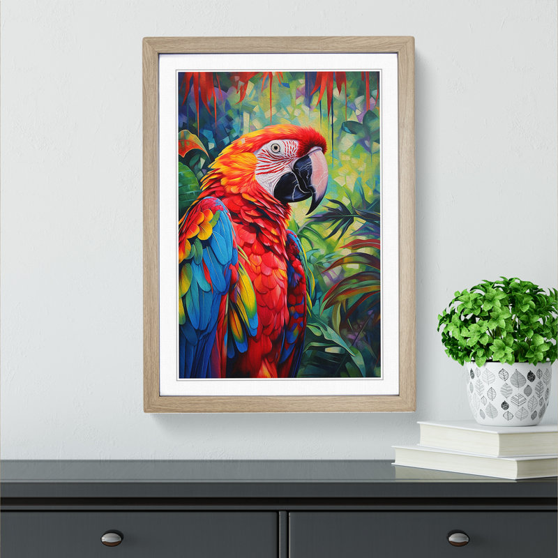 Parrot Informel - Single Picture Frame Print on Wood, Oak Framed, 46cm H x 34cm W