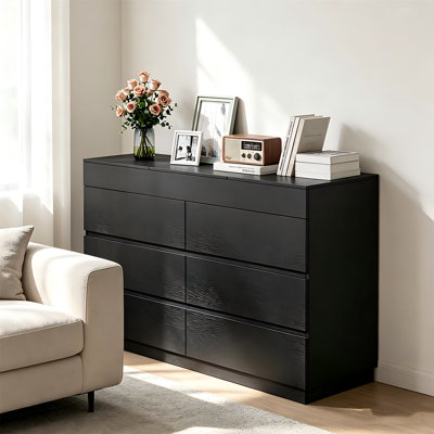 Commode noire à 6 tiroirs avec miroir - commode moderne l 46,7 po, finition gaufrée résistante aux égratignures, bois d'ingénierie durable, rangement spacieux pour la chambre à coucher, le salon, le vestibule, les adultes et les adolescents