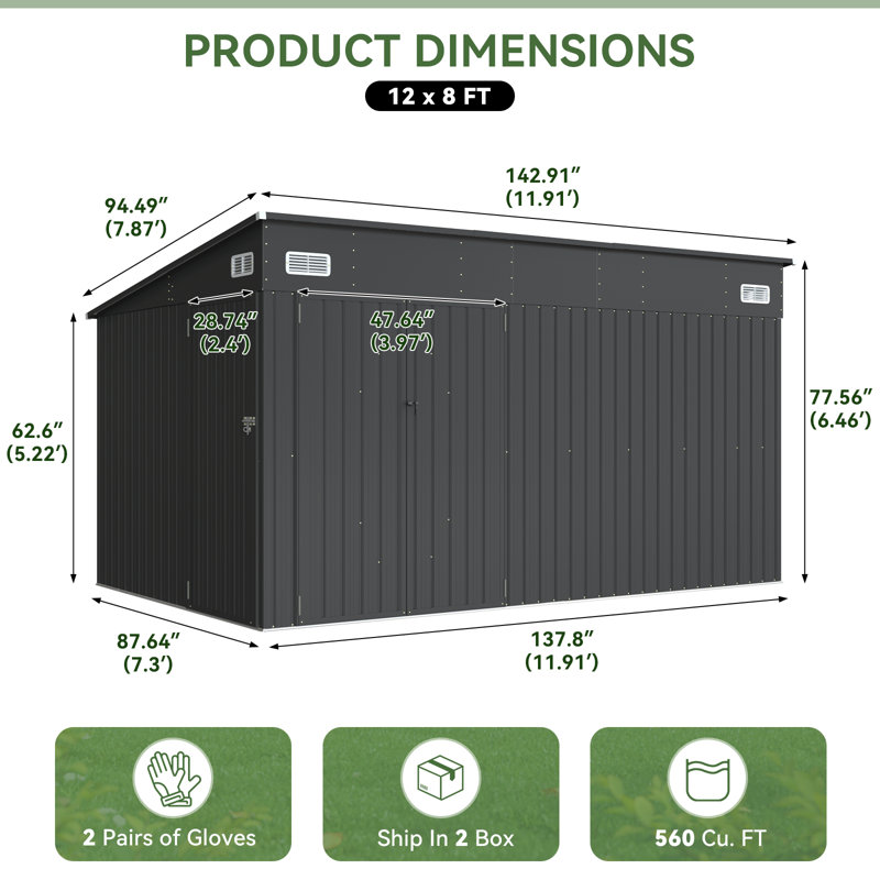 12x8 ft Metal Storage Shed with 3 Lockable Doors, 12'x 8'