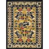 Antique Small Scatter Size Silk & Metallic Thread Chinese Foo Dog Design Rug
