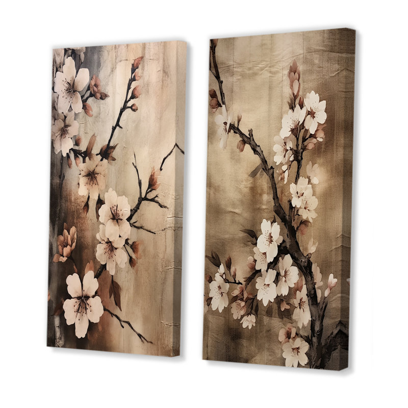 Cerisier en fleurs brun foncé - ensemble de 2 décorations murales cerise, Toile tendue, H 32 po x l 33 po