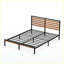 Structure de lit double avec tête de lit en bois, lit plateforme en métal robuste avec rangement sous le lit, support de lattes silencieux, aucun sommier requis, brun rustique et noir