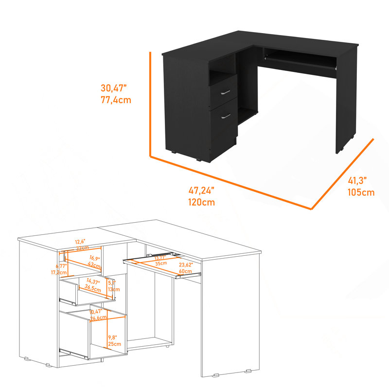 Bureau en L Bradford, tablette à clavier, finition noire, Noir