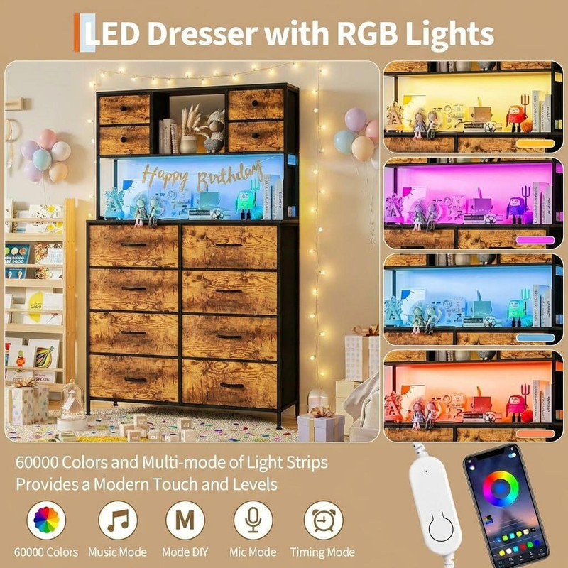 12-Drawer Dresser with Power Outlet & Open Shelves - LED Light Wood Top Metal Frame Fabric Dresser for Bedroom, Hallway, Living Room