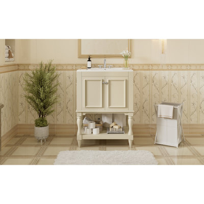 Meuble-lavabo de luxe moderne 24 po avec lavabo en céramique, armoire de salle de bain avec tablette ouverte et rangement fermé