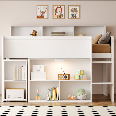 Full Size Wood Loft Bed with Desk, LED Light & 8 Storage Shelves – Sturdy, Space-Saving Multifunctional Bed, White
