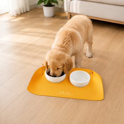 Tapis d'alimentation semi-fermé en cuir épaissi pour animaux de compagnie imperméable et antidérapant, jaune