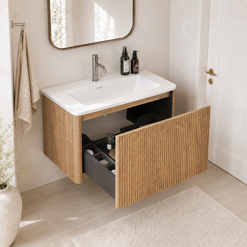 Meuble-lavabo suspendu de 76 cm avec lavabo en surface solide blanche, armoire de salle de bain murale en chêne miel rayé, meuble-lavabo moderne préassemblé