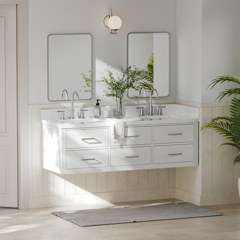 73'' W Double Vanity, Brushed Nickel, White, 61"