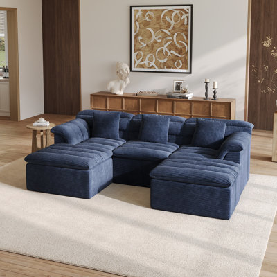 112" Modular U-Shape Cloud Sofa with Deep Seating, Corduroy Couch, No Assembly Required, Blue