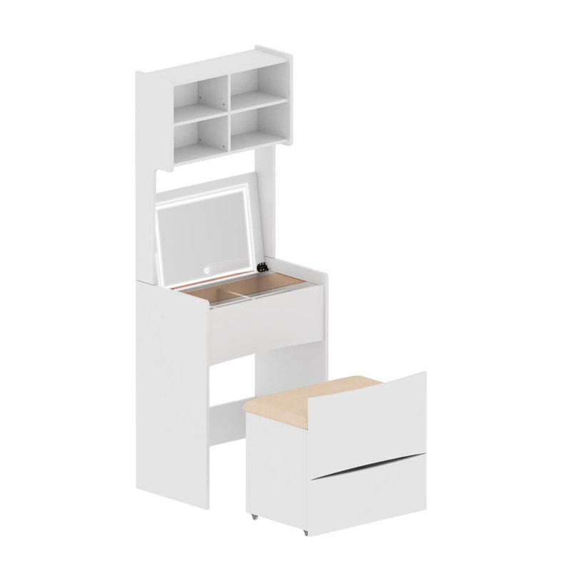 Makeup Vanity Dressing Table with Removable Upholstered Stool, White