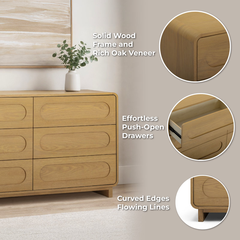 Solid Wood Push-to-Open 6-Drawer Dresser with Recessed Channel Design For Bedroom Storage, Natural