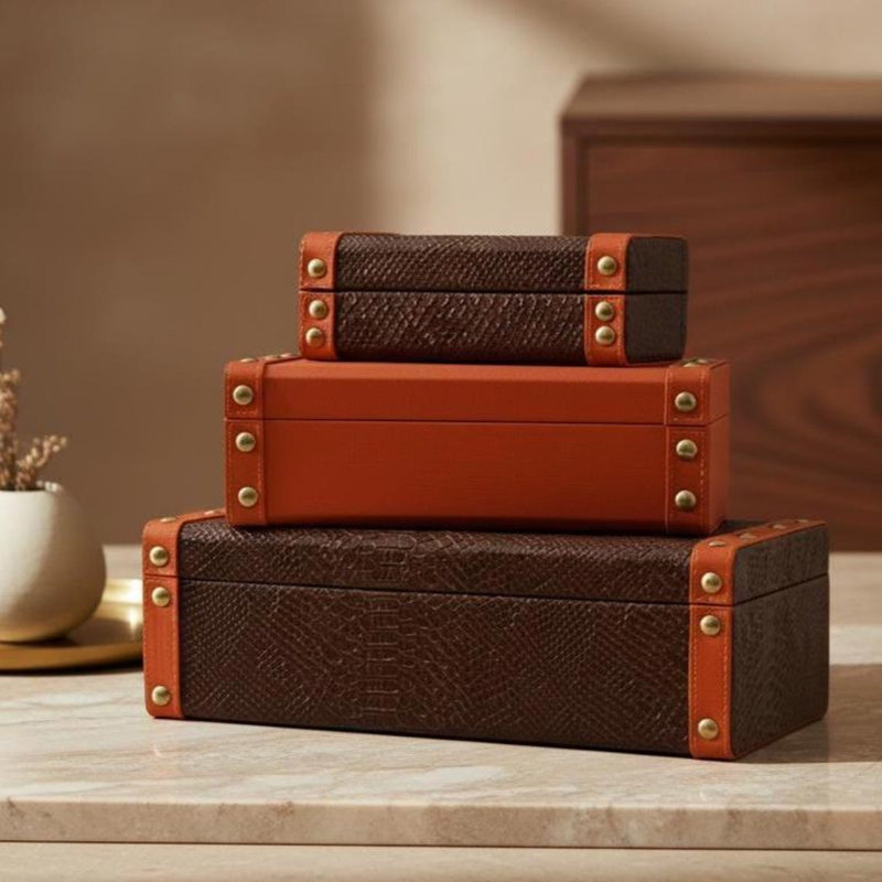 Ensemble de trois boîtes de rangement en cuir, Orange