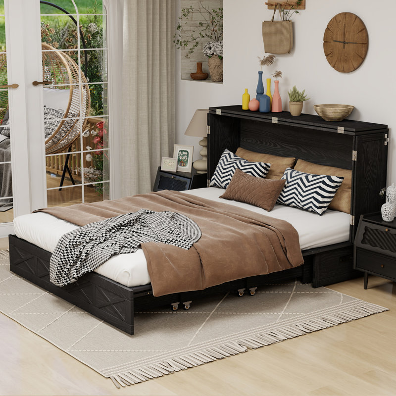 Solid Wood Murphy Bed Cabinet With Charging Station, Large Storage Drawer（Mattress Included）, Black