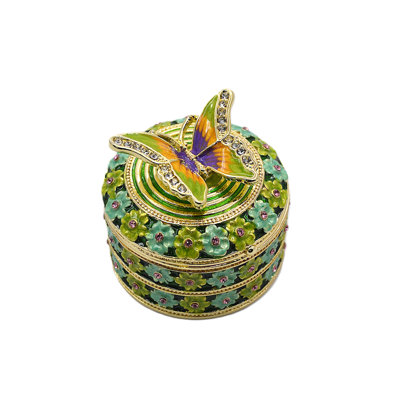 Jeweled Butterfly On Round Trinket Box Green with Colorful Enamel
