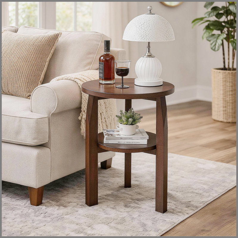 Table de bout ronde en bois d'hévéa massif, table d'appoint à 2 niveaux avec tablette de rangement, petite table d'appoint pour le salon, la chambre à coucher