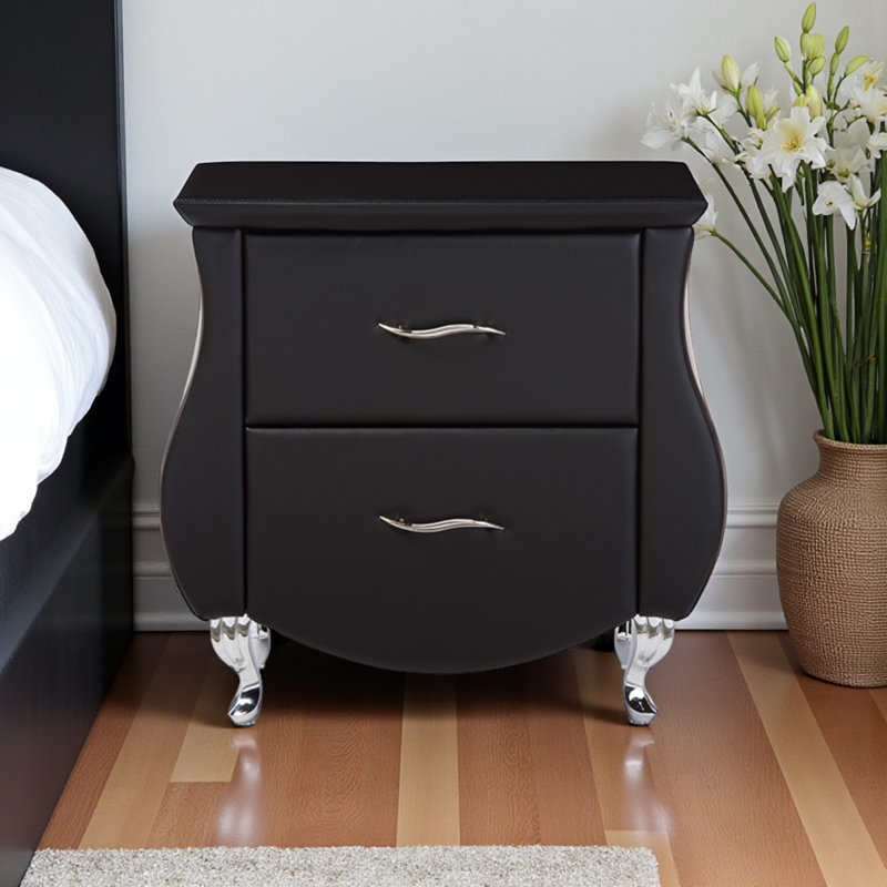 Kamaryn Nightstand in Black Faux Leather and Chromed Steel Legs, 24.38'' H X 25.16'' W X 16.19'' D, Black