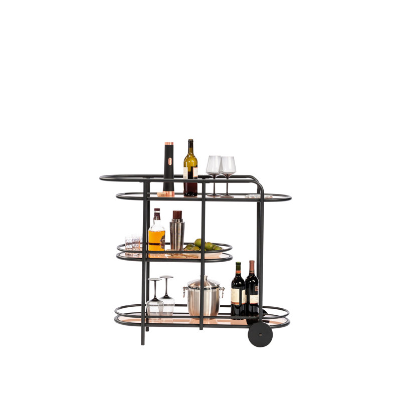 Chariot-bar noir élégant et moderne pour le divertissement, tablettes en verre polyvalentes, structure en métal, assemblage rapide, petits espaces idéaux, espaces limités