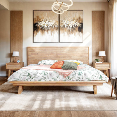 Camiah Acacia Wood Panel Bed, Beige by Wade Logan