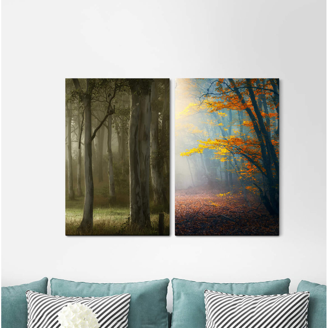 2-tlg. Leinwandbilder-Set - Fotografie „Forest Nature Autumn Trees Still Peaceful Healing”