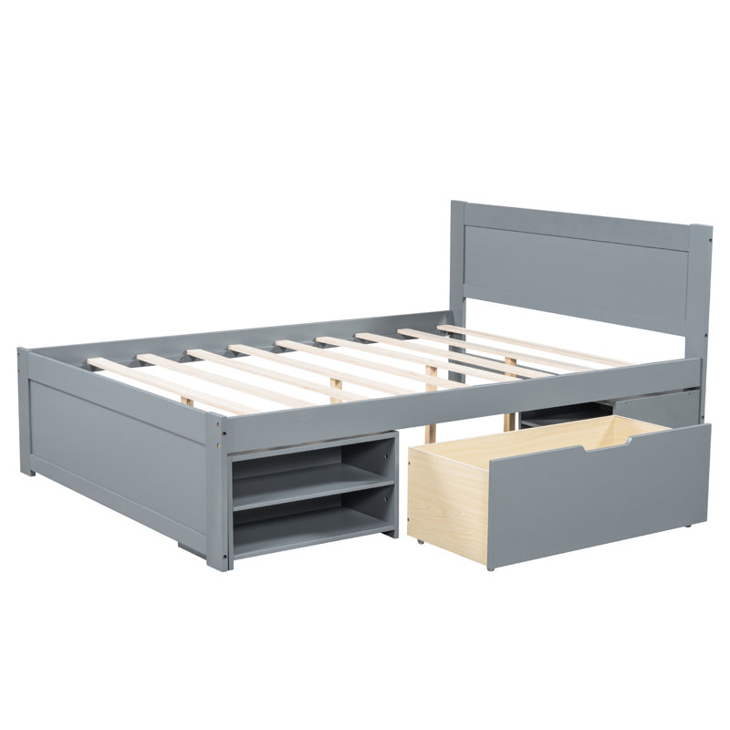 Lit plateforme pleine grandeur gris avec espace de rangement supplémentaire - Améliorez le format de votre tiroir de chambre à coucher et le cadre à 2 tablettes, sans sommier