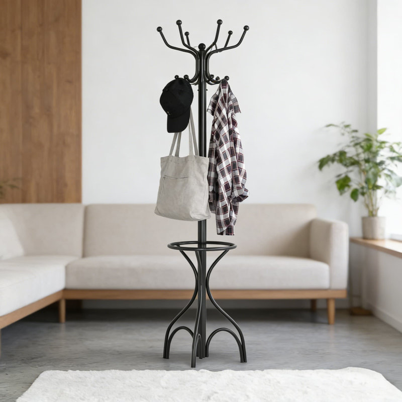 Portemanteau autoportant robuste avec 12 crochets et porte-parapluies, portemanteau moderne pour vestibule, vestes, sacs, chapeaux et foulards