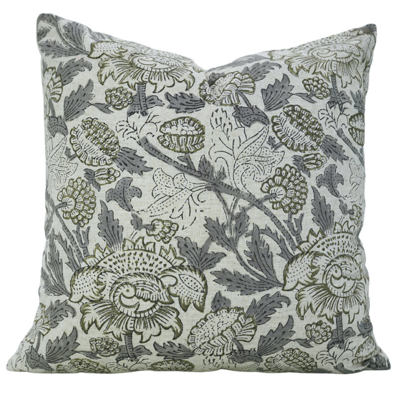 Housse de coussin Fabividine, impressions florales sur lin doux, Akashganga, Motif floraux gris, H 20 po x l 12 po