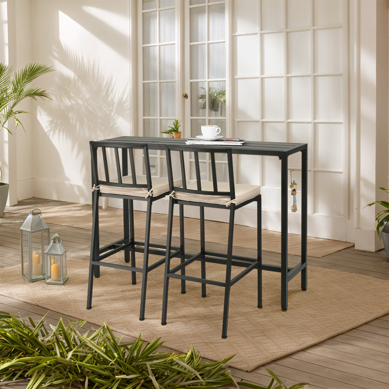 Black Steel Frame 3-Piece Metal Rectangular Outdoor Serving Bar Set With Beige Cushions