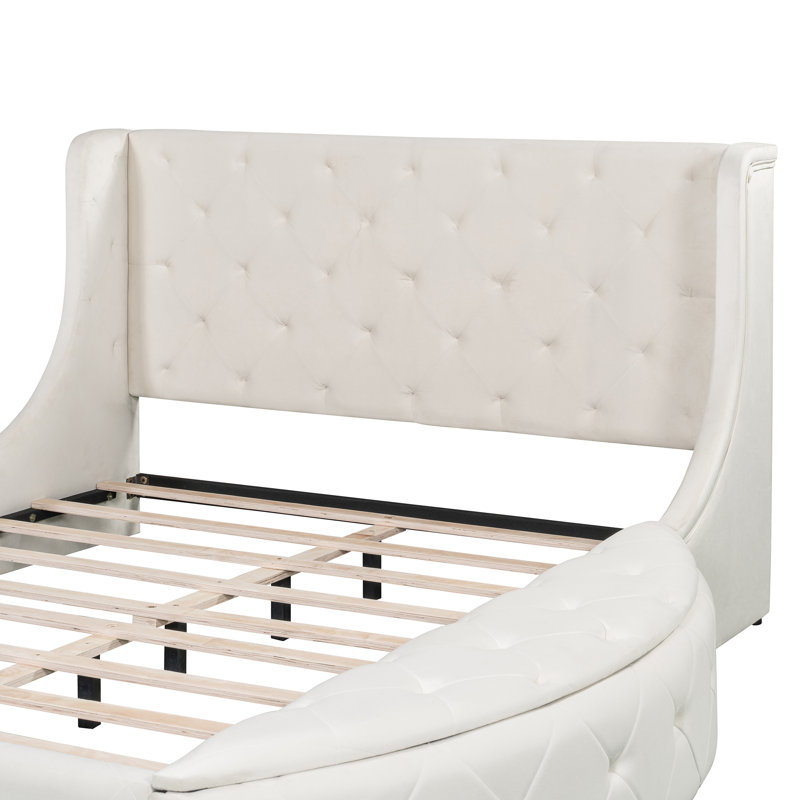 Grand lit tapissier avec tiroir et bancs de rangement, Beige