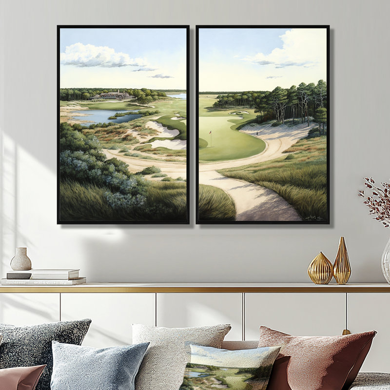 Parcours de golf en été - impressions sur toile vertes, H 36 po x l 48 po, Impression encadrée flottante, Noir
