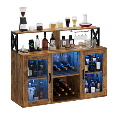 Wine Bar Cabinet with Wine Rack, Coffee Bar Cabinet with Glass Holder, 47" Liquor Cabinets with Power Outlet and Storage, Led Lights, Glass Door, for by One Allium Way