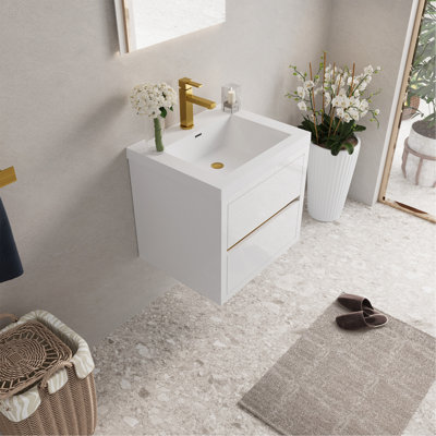 Meuble-lavabo mural 24 po avec lavabo, meuble de rangement flottant pour salle de bain avec comptoir en résine de pierre et tiroirs à fermeture en douceur