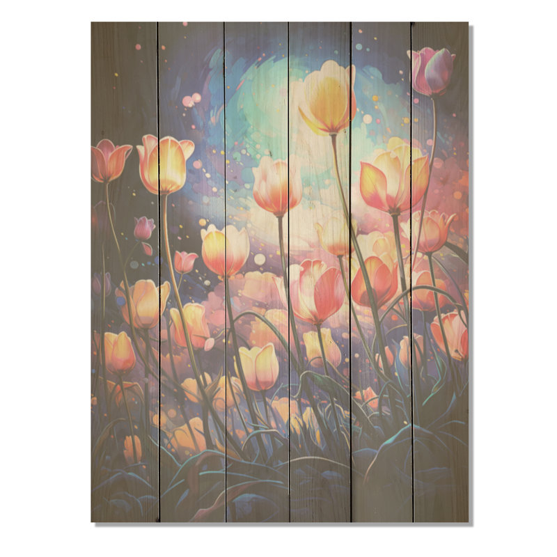Multicolore, tulipes célestes multicolores la nuit - Tulipes, art mural sur bois de pin naturel, H 20 po x l 10 po