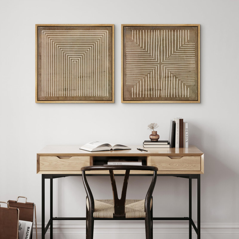 Geometric Line Pattern Wall Decor - Minimalist Neutral Abstract Artwork - Framed Canvas Master Bedroom Wall Art Work 2 Pieces Print