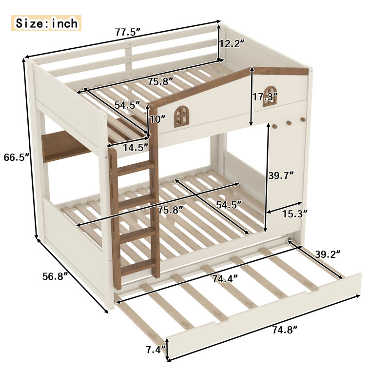 Full over Full Bunk Bed with Trundle, Storage Shelves & Hooks – Solid Wood Bunk Bed, No Box Spring, Beige/Natural
